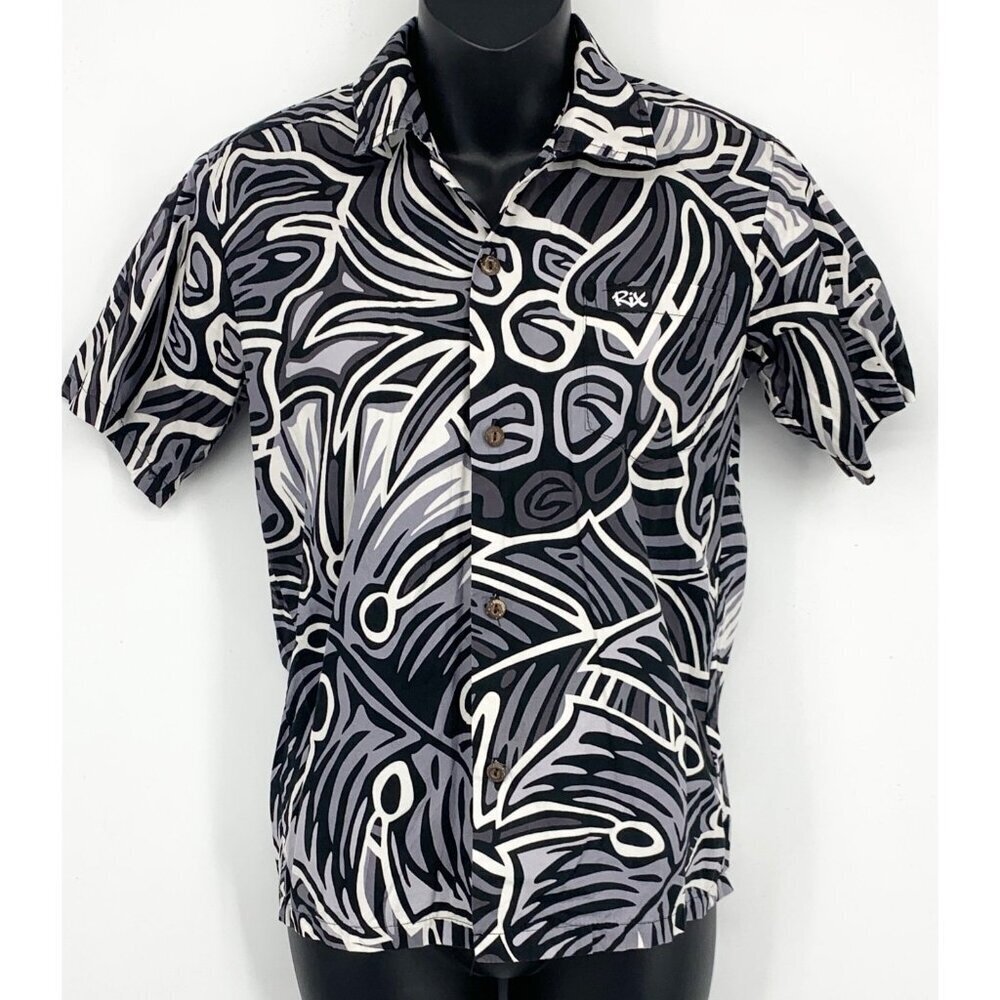 Rix Hawaii Boy XL Button Up Short Sleeve Shirt Black White Tropical Tribal Aloha